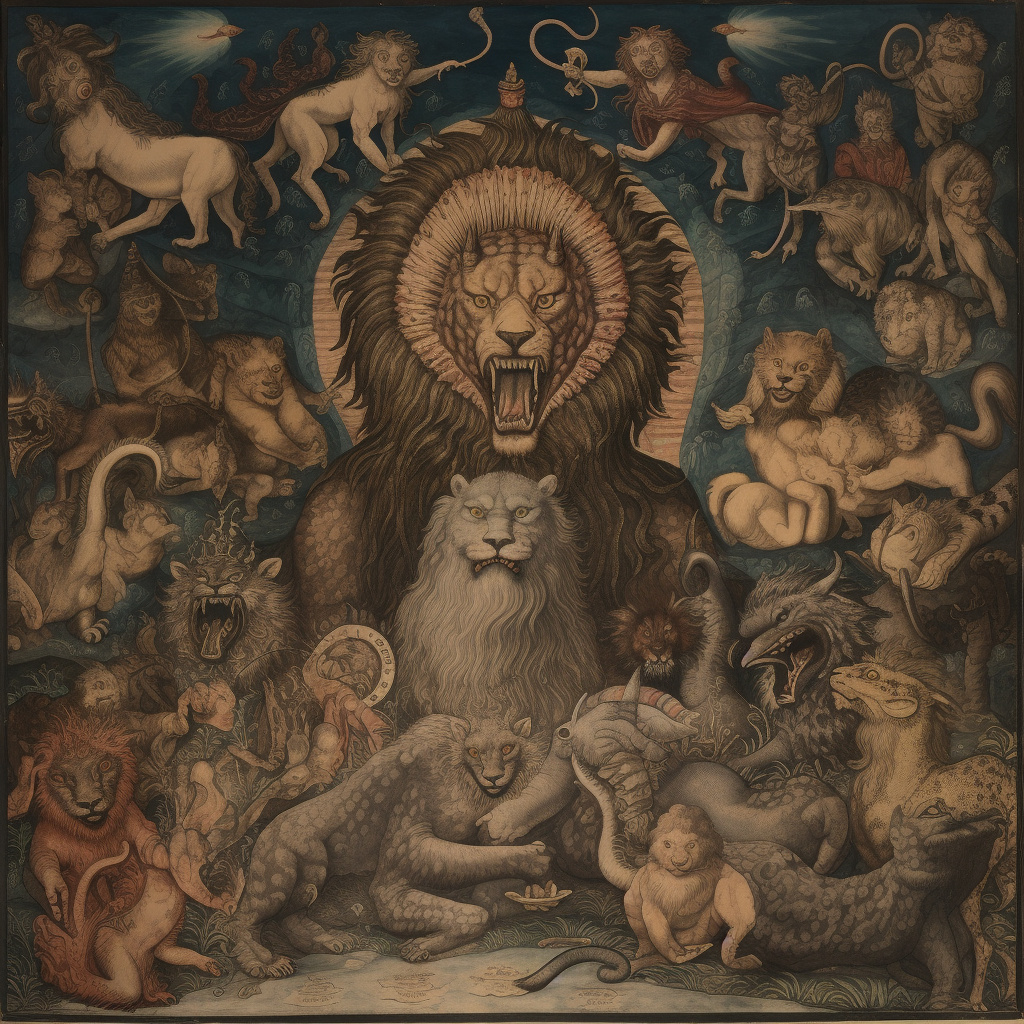 Gnostycka historia stworzenia. W centrum kompozycji Demiurg, ukazany jako potężna postać z głową lwa, stoi w otoczeniu swoich Archontów