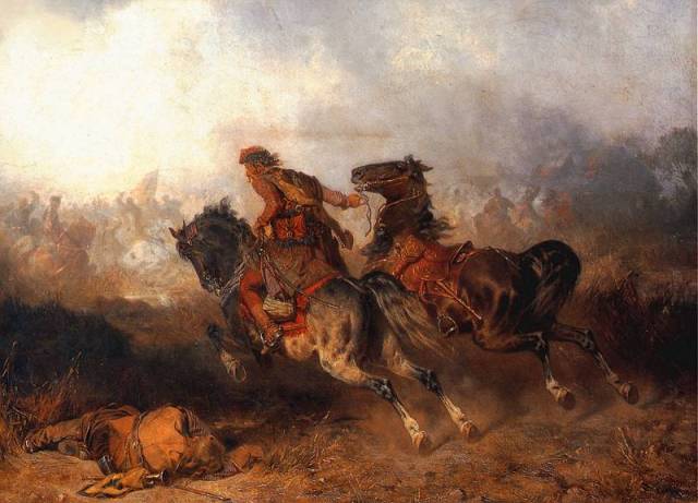 Józef Brandt, Luzak, podprowadzanie konia do bitwy. 1866. źródło: http://www.pinakoteka.zascianek.pl/